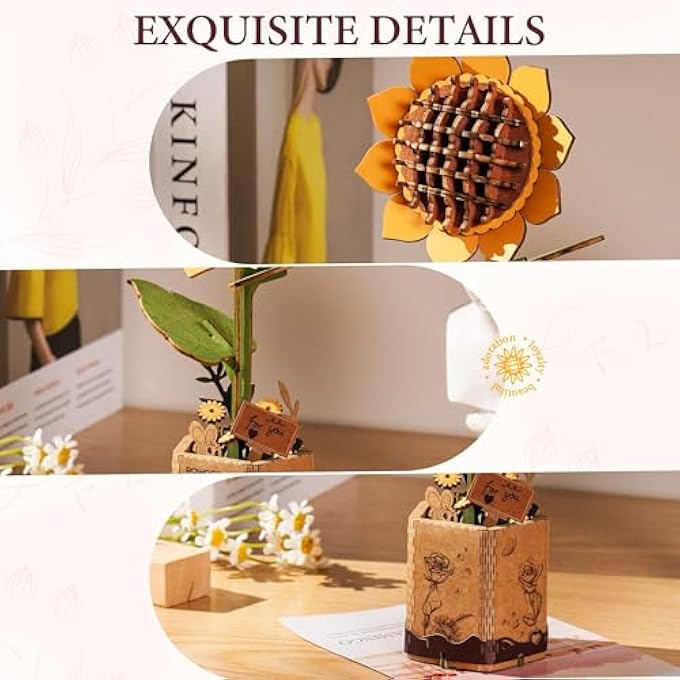 SUNFLOWER 3D WOODEN PUZZLE FOR ADULTS - DIY CRAFTS BUILDING KIT, RELAXING STRESS RELIEF HOME DECOR ART MODEL, UNIQUE BIRTHDAY GIFT FOR MOM, WOMEN, HER - Image 4